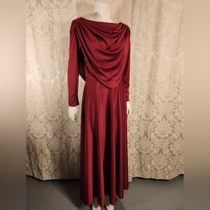 1970s Vintage Full Length Cowl Neck Long Sleeve Burgundy Cocktail Dress